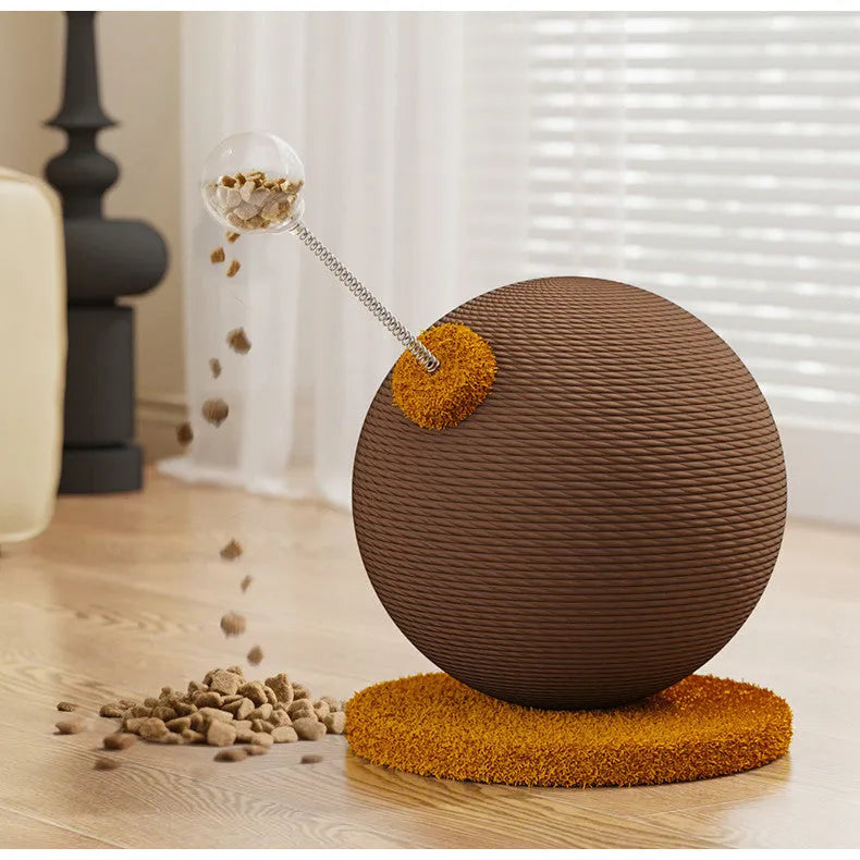 Large and small size hemp rope cat scratcher board with attached cat grasping ball toy.