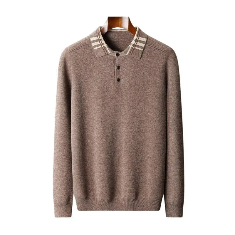Men's loose-fit cashmere knitted pullover in coffee, with lapel collar and long sleeves, front view.