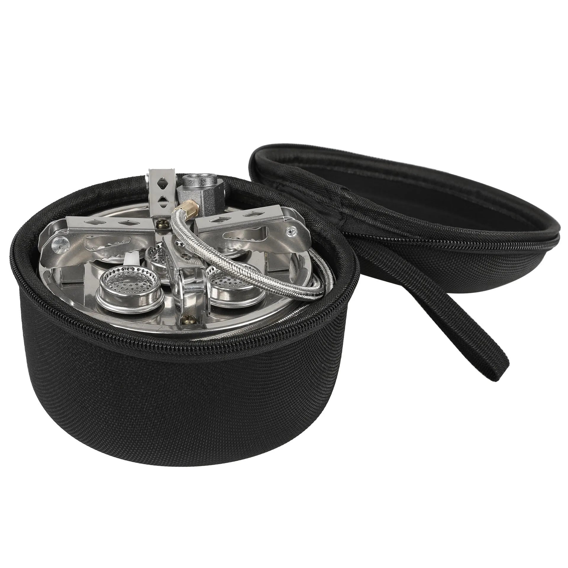 Silver portable stainless steel split camping stove shown with its 100cm fuel hose, folded to 155mm by 125mm.