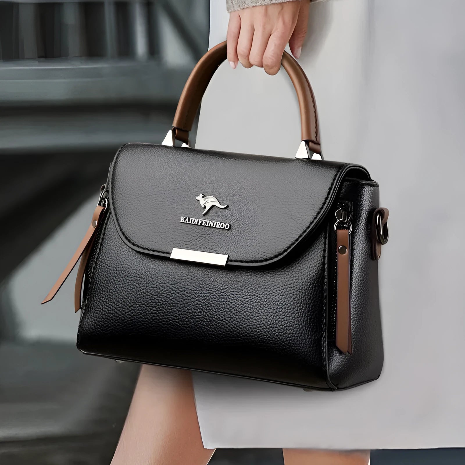 Women's genuine leather crossbody shoulder bag horizontal square shape with stitching, available in multiple colours