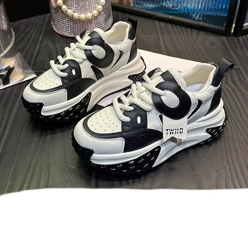 Leather thick-sole wedge heel casual shoes in a choice of colours with front lace-up fastening.