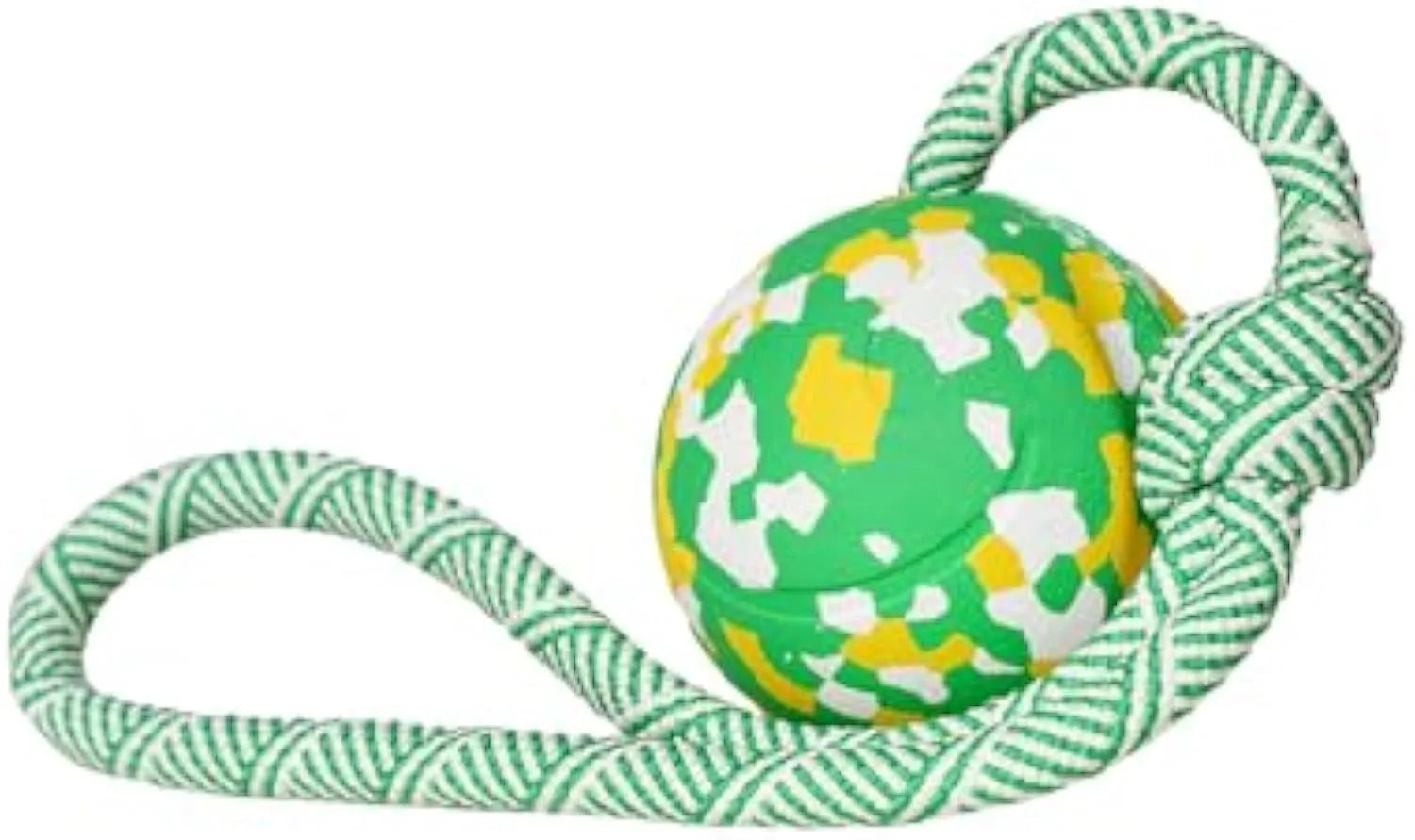 Dog toy featuring a natural rubber ball attached to a nylon rope for fetch and tug games.