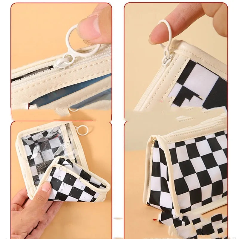 Chessboard pattern transparent PVC pencil case showing black and white grid design