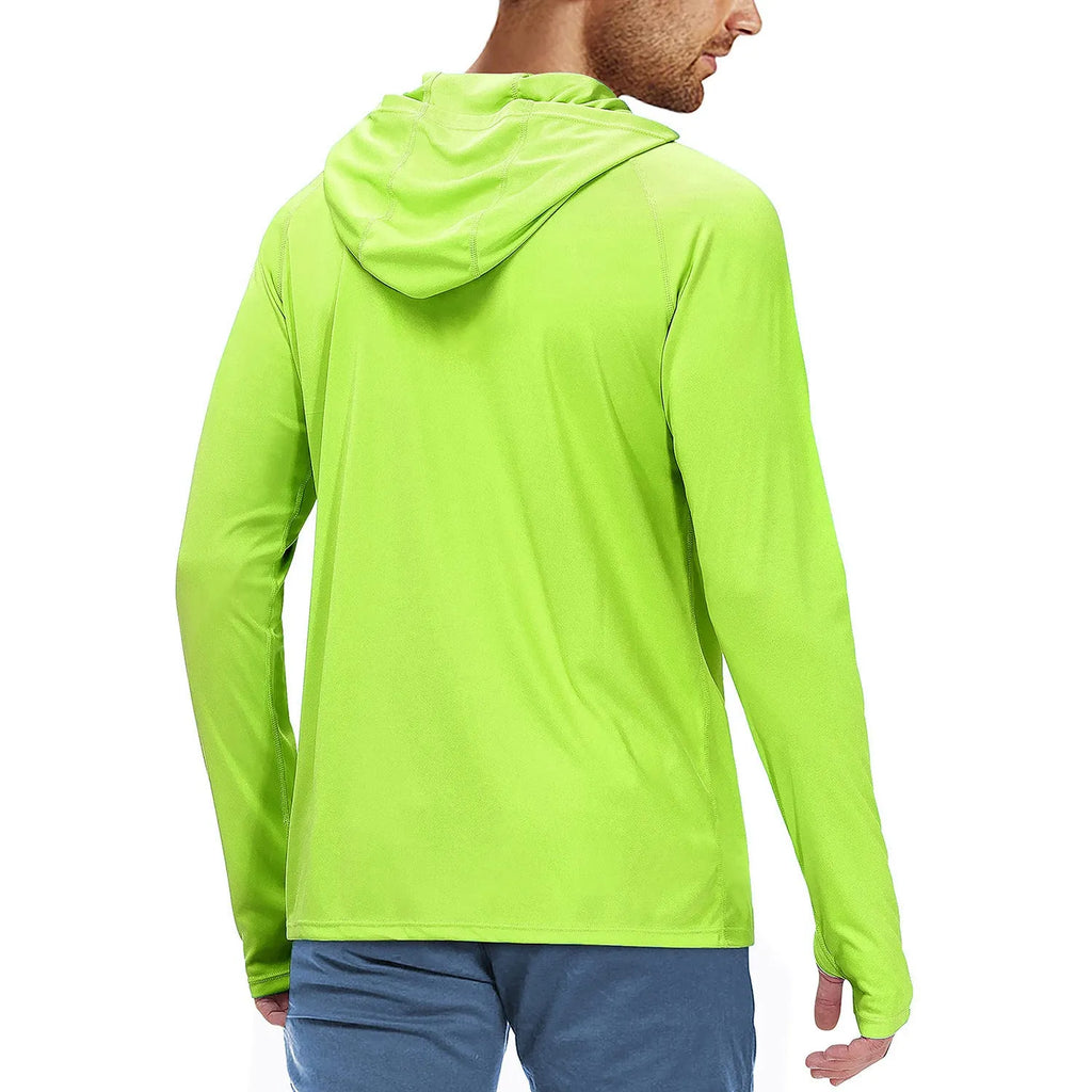 Men's slim-fit UV protection hooded top for outdoor activities like fishing and hiking