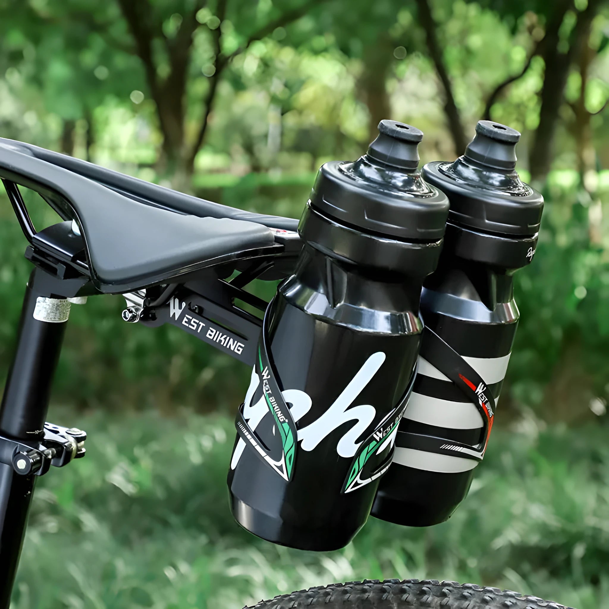 Bicycle double water bottle cage extension bracket in black aluminium alloy and stainless steel with adjustable angle