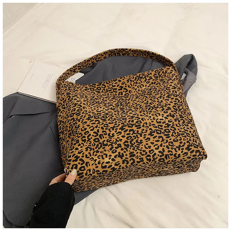 Women's leopard print large capacity horizontal square PU shoulder bag in brown and leopard coffee tones
