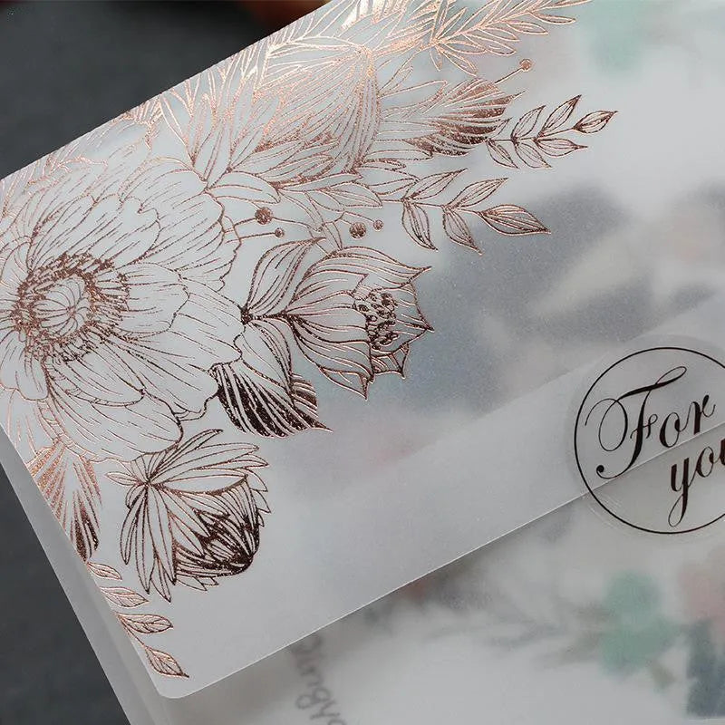 Sulphuric acid paper invitation cards with bronzing matte varnish in gold and rose gold colours