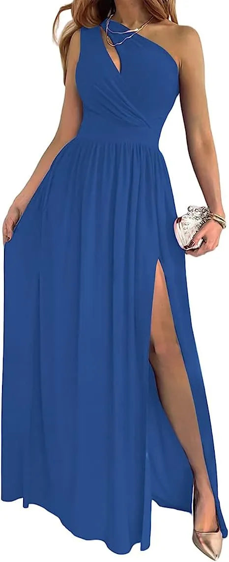 Women's one-shoulder sleeveless maxi dress with high split cutout design in soft lightweight fabric
