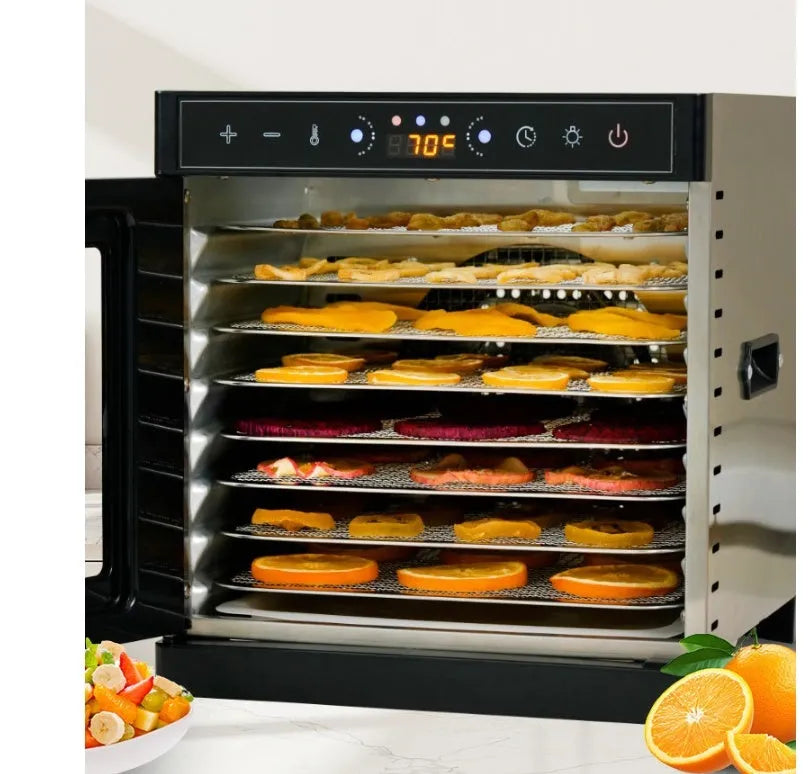 Stainless steel fruit dehydrator machine with clear viewing skylight and LED control panel