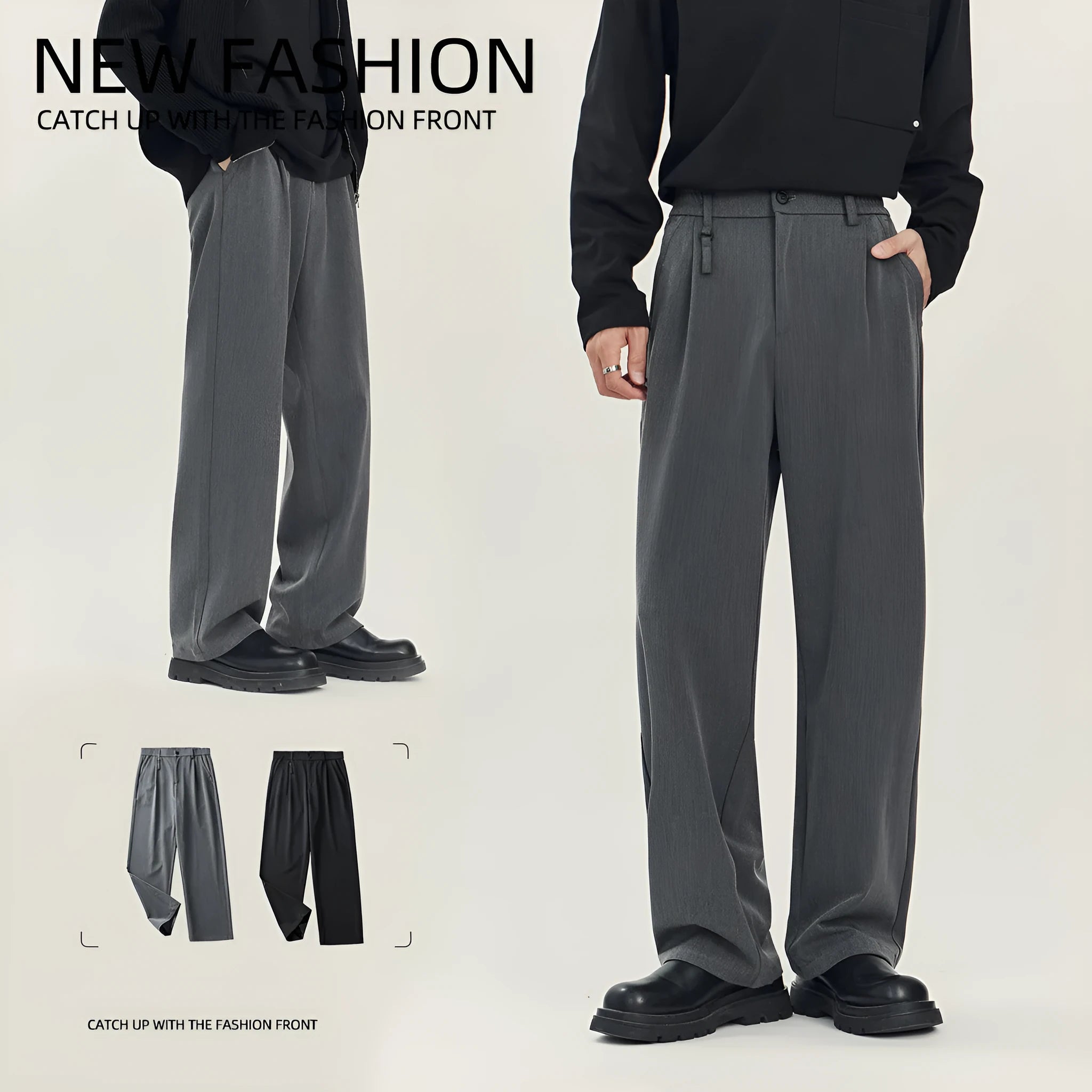 Men's black business casual straight-leg trousers with loose drape styling