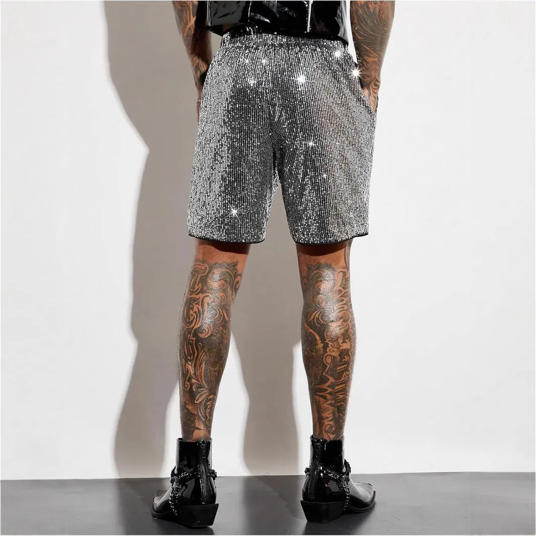 Men's silver sequin straight-leg shorts with elastic waistband, shown alongside black colour option.