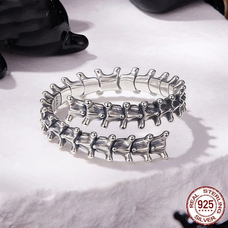Original dark style adjustable silver backbone open ring with pumpkin skull motif for women