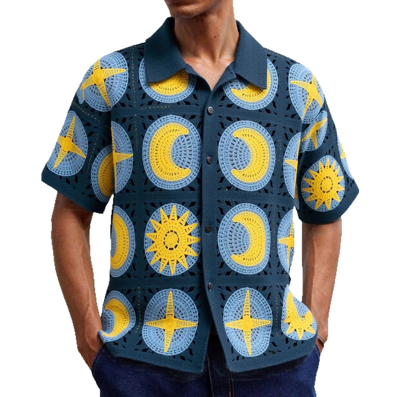 Men's navy blue short-sleeved cardigan with a white cartoon flocking pattern on the front.