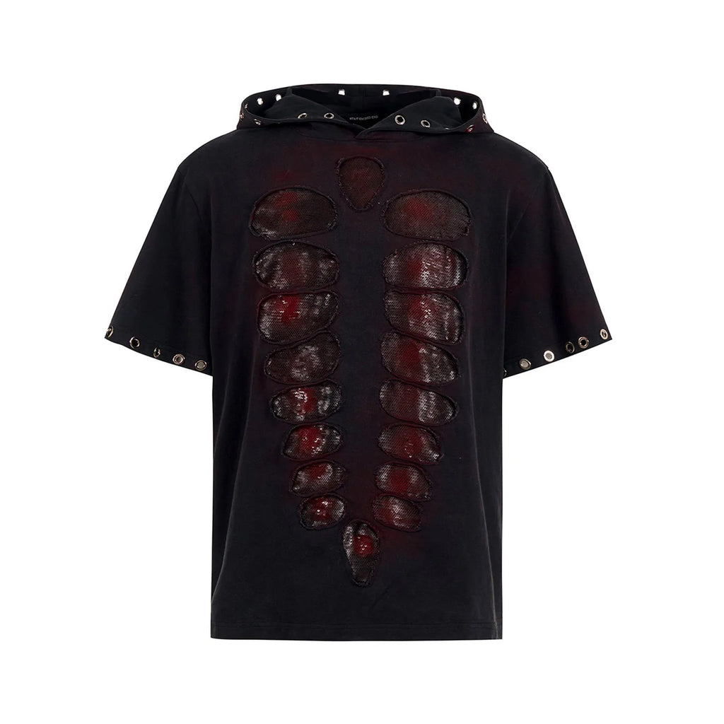 Black men's hooded short-sleeved T-shirt with sequin decoration loose fit