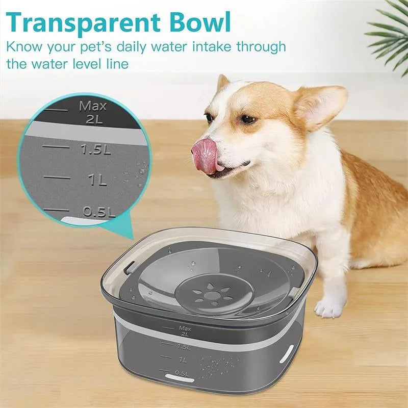 Transparent 2-litre dog water bowl with floating slow-feed disk and non-slip frosted base