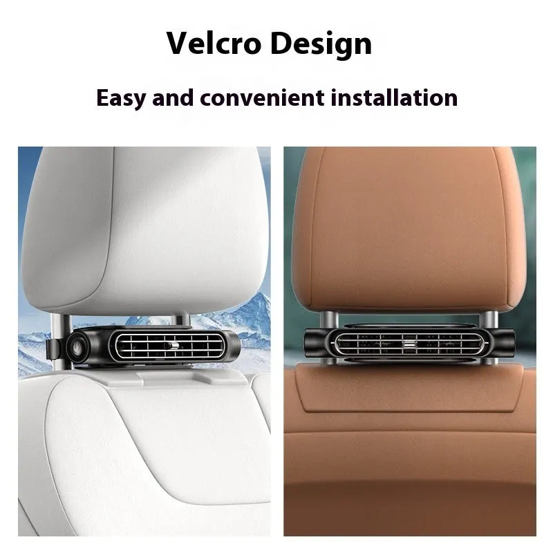 Creative New Seat Car Fan in black, white, and beige colours, showing USB plug, control button, and Velcro mounting strips.