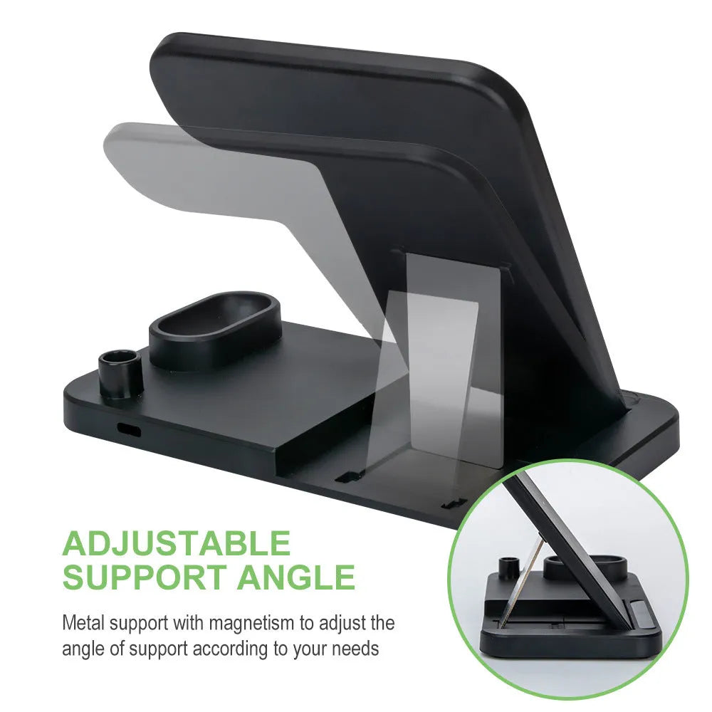 Folding 15W 4-in-1 wireless charger showing compact folded design and multiple device charging capability
