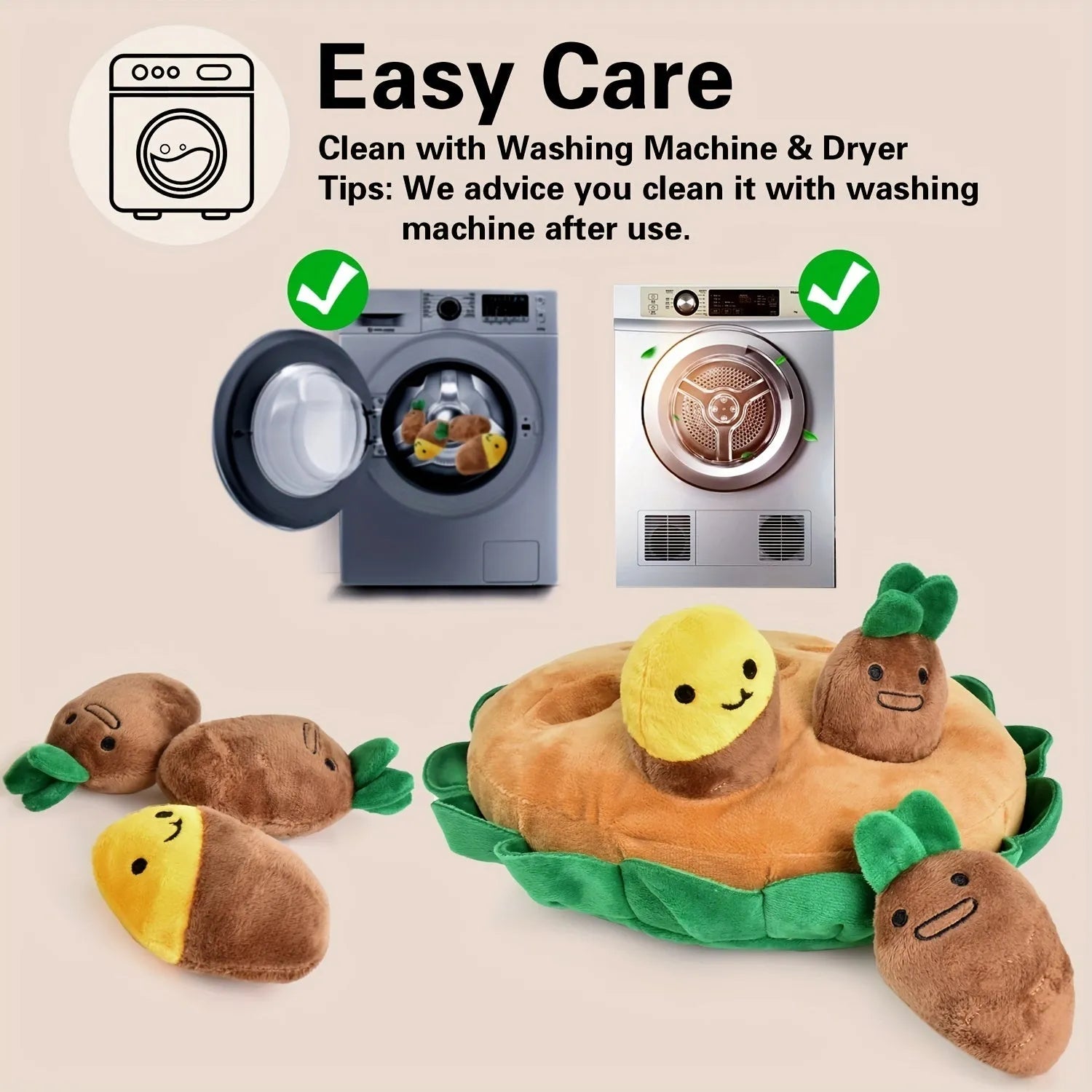 Yellow interactive dog foraging pad with removable squeaky plush toys for slow feeding and mental stimulation
