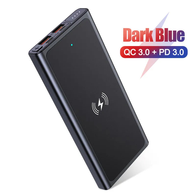 Black and blue square aluminum wireless charging power bank with integrated plug.