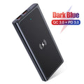 Black and blue square aluminum wireless charging power bank with integrated plug.
