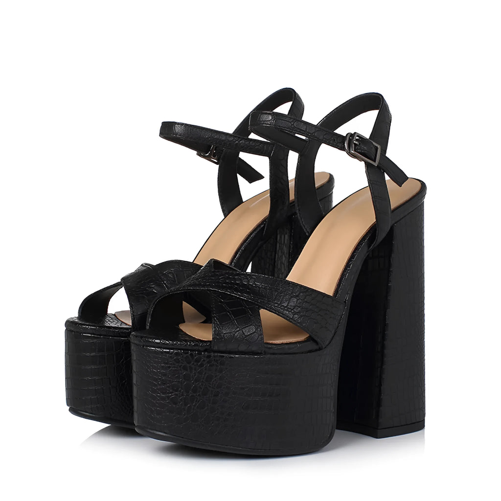 Women's black crocodile pattern chunky heel platform sandals with buckle fastening and round toe