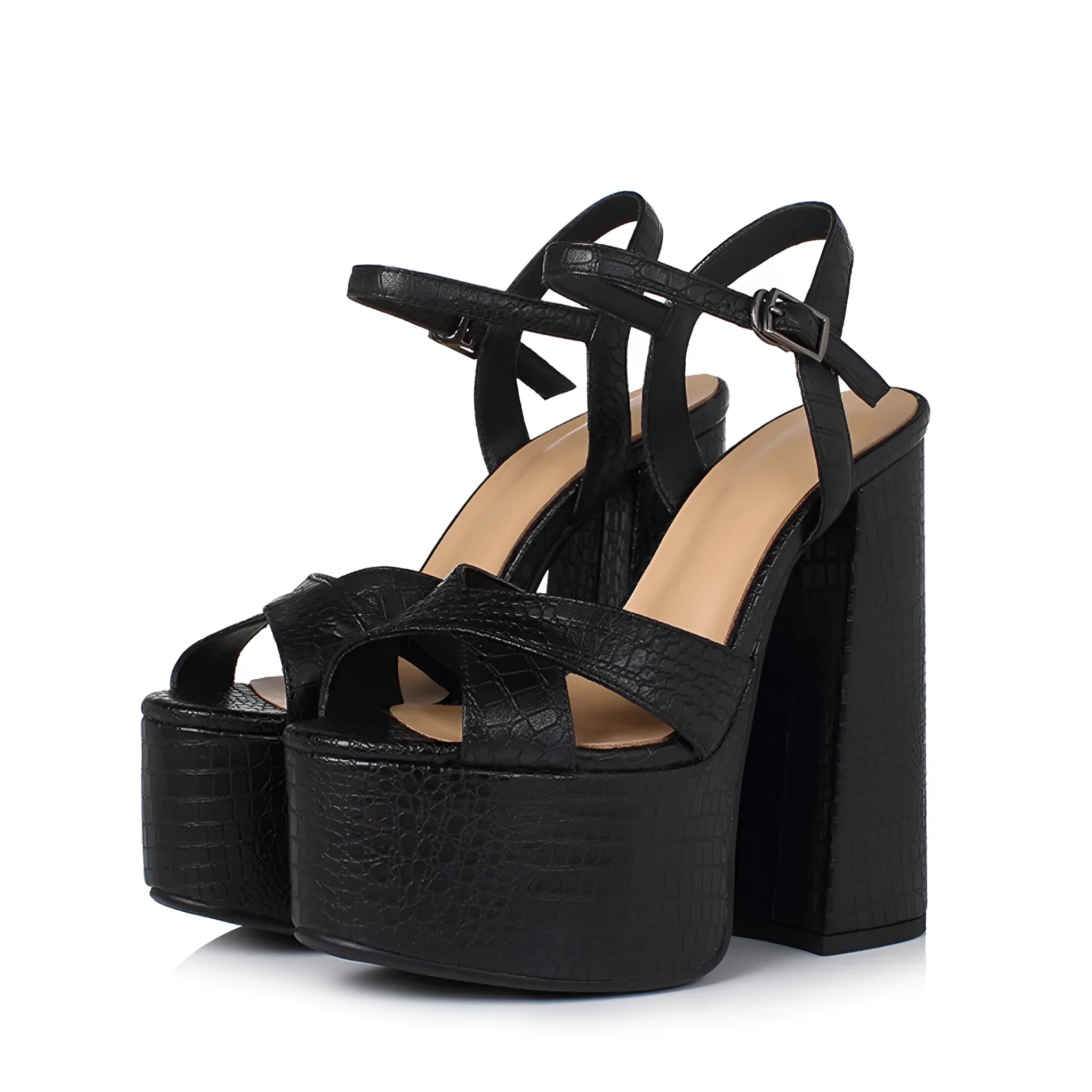 Women's black crocodile pattern chunky heel platform sandals with buckle fastening and round toe