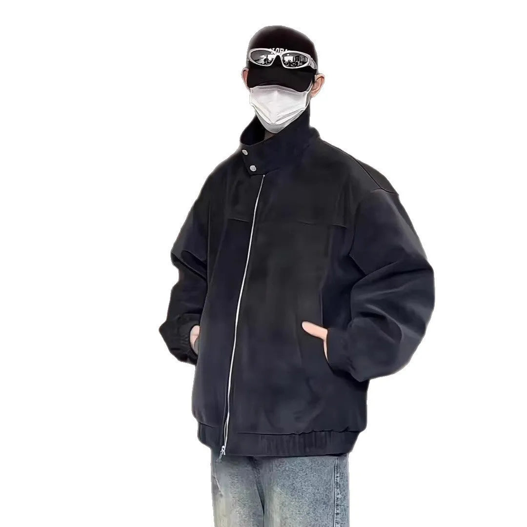 Men's black tie-dyed PU leather jacket with stand collar and side pockets.