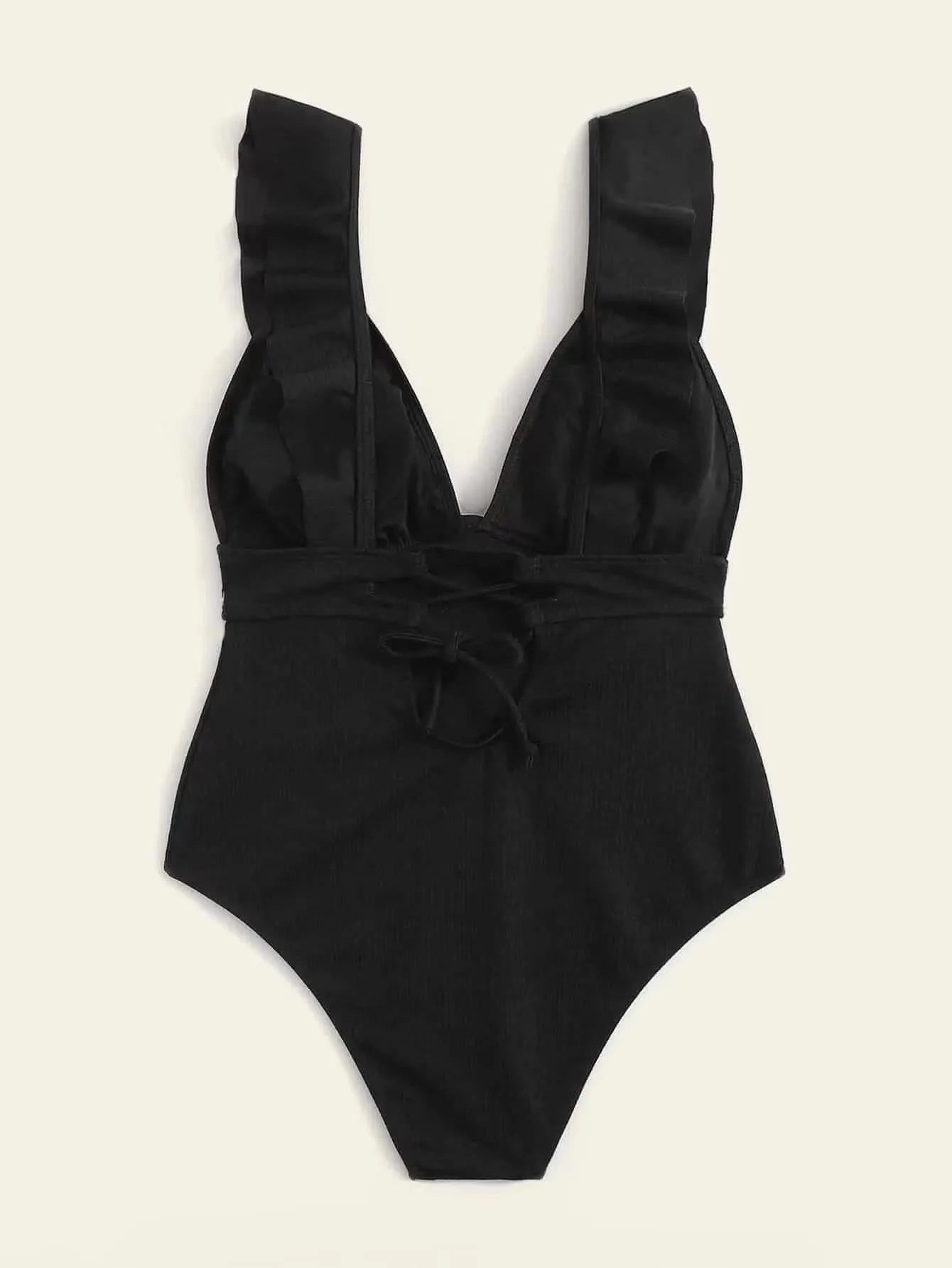 Women's one-piece swimsuit with ruffled shoulders, adjustable straps and back lace design in solid colour