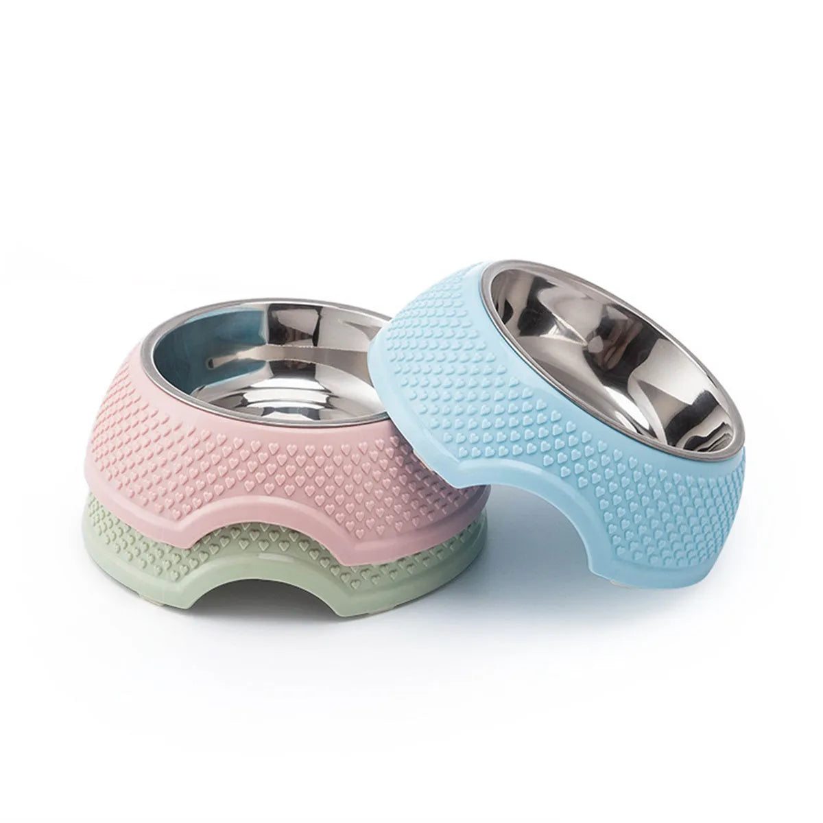 Blue stainless steel pet bowl with a non-slip weighted base on a floor.