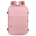 Large purple travel backpack with multiple compartments and an air pillow belt, shown open to display interior organisation.