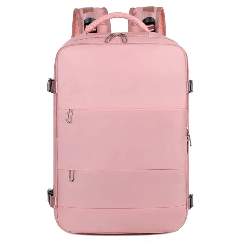 Large purple travel backpack with multiple compartments and an air pillow belt, shown open to display interior organisation.