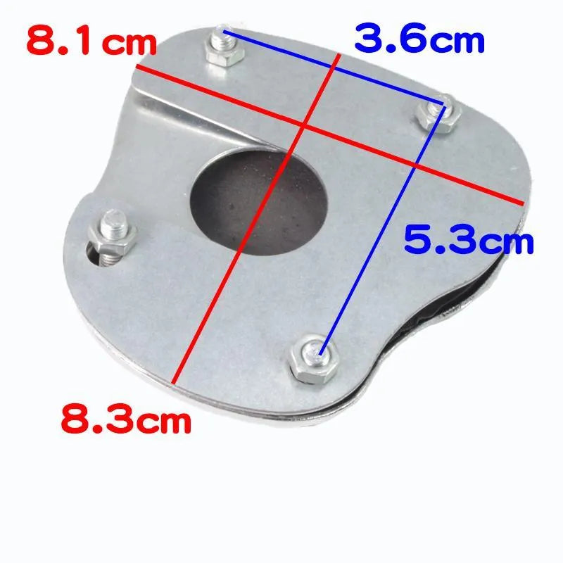 Metal motorcycle brake pedal skid plate replacement part shown in three design variants.