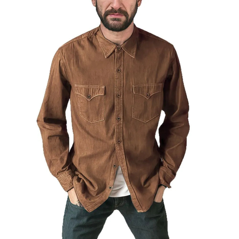Regular fit cotton denim cardigan coat shown in khaki, available in multiple sizes.