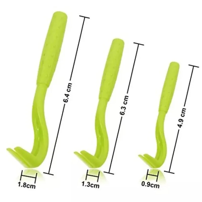Three blue plastic pet tick removal clips with hook ends on a white background.