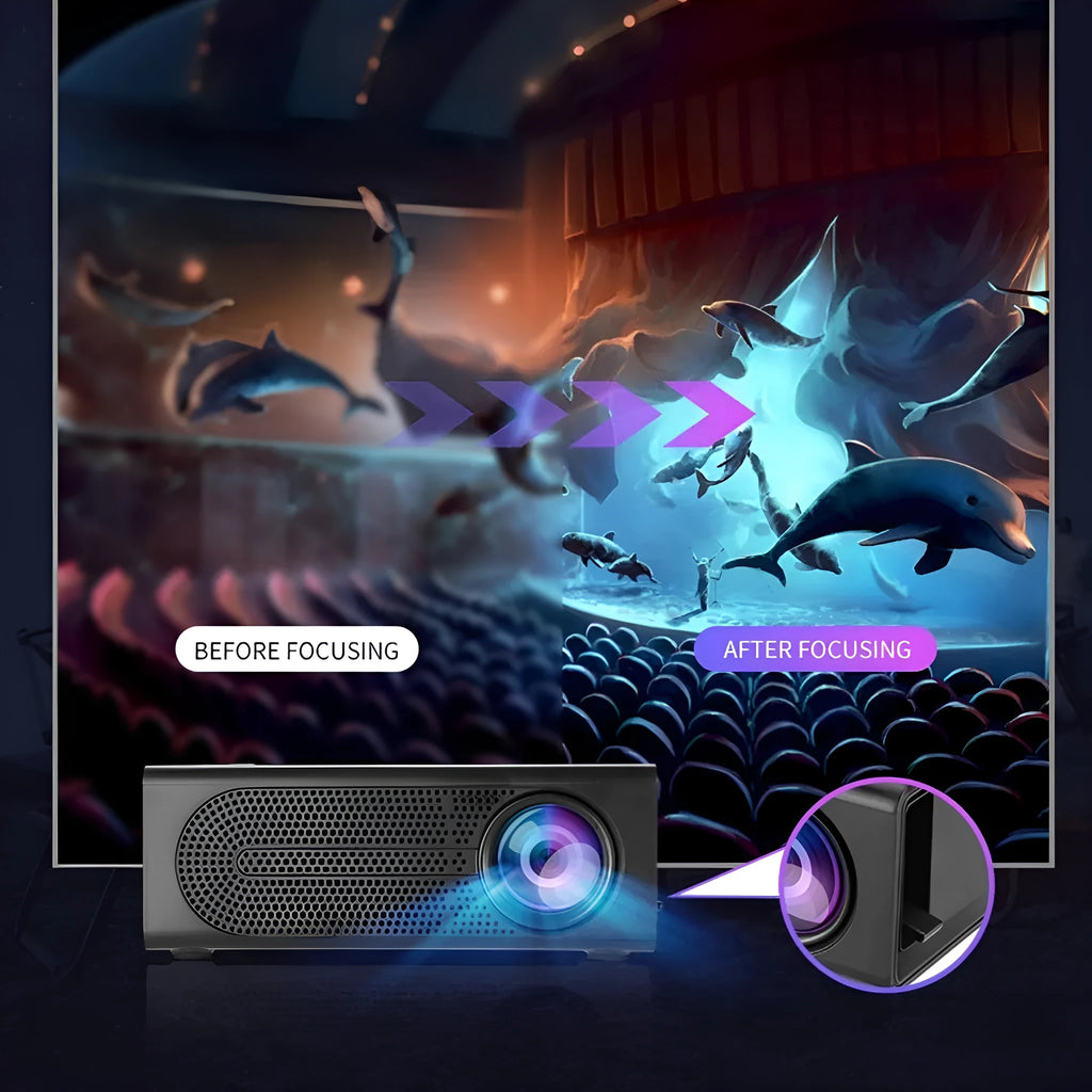 Black and white portable mini projector with wired mobile phone connectivity and 320x240 resolution display