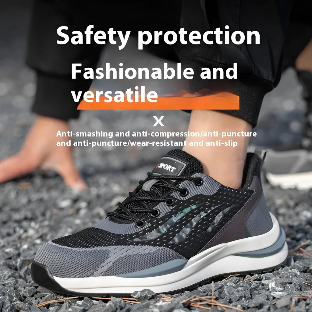 Men's black and grey anti-smash electrician safety shoes with plastic toe and lace-up closure