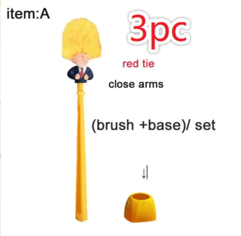 Yellow plastic Donald Trump novelty toilet brush with hanging handle, 40cm long