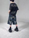 Blue retro denim shorts with frayed five-pointed star decoration and loose fit