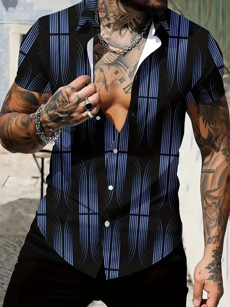 Men's geometric line print lapel short sleeve shirt in slim fit polyester fabric