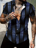 Men's geometric line print lapel short sleeve shirt in slim fit polyester fabric