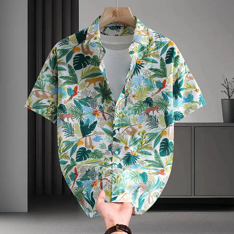 Men's floral printed cotton Hawaiian shirt in a casual cardigan style on a hanger.