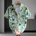 Men's floral printed cotton Hawaiian shirt in a casual cardigan style on a hanger.