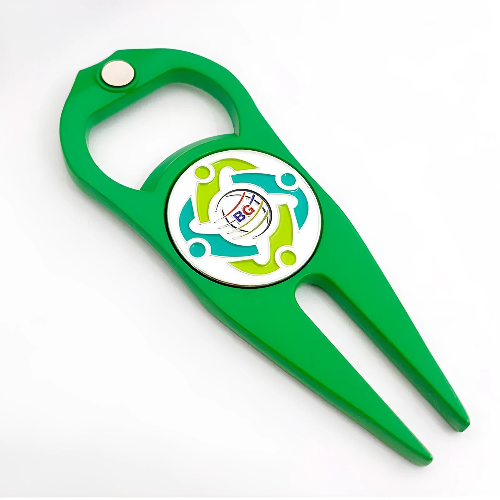 Golf ball yoke bottle opener and marking tool in black, green or silver zinc alloy finish