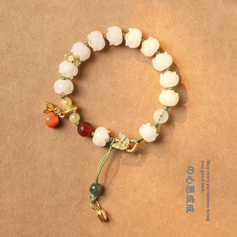 White jade Bodhi bracelet with hand-woven lotus and pumpkin beads on open rope design