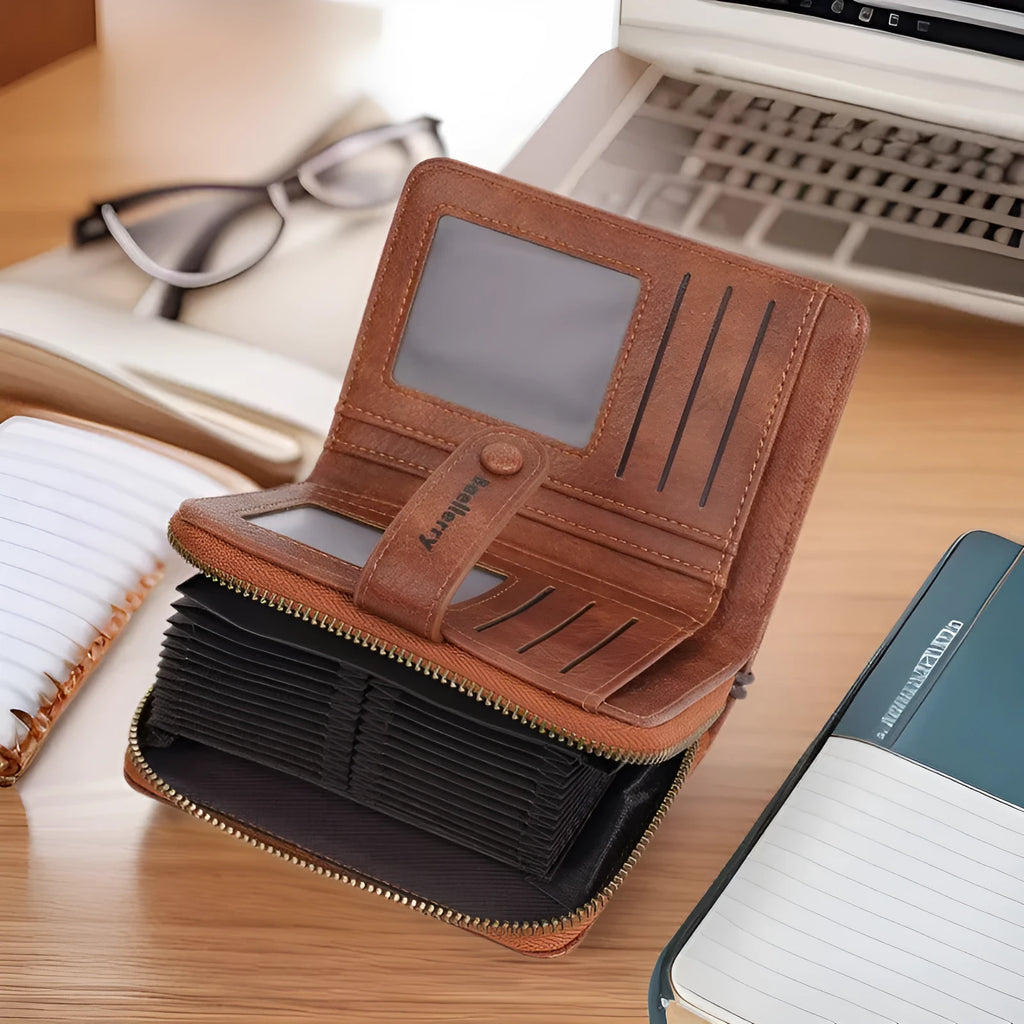 Women's black PU leather zipper coin purse wallet with integrated card slots.