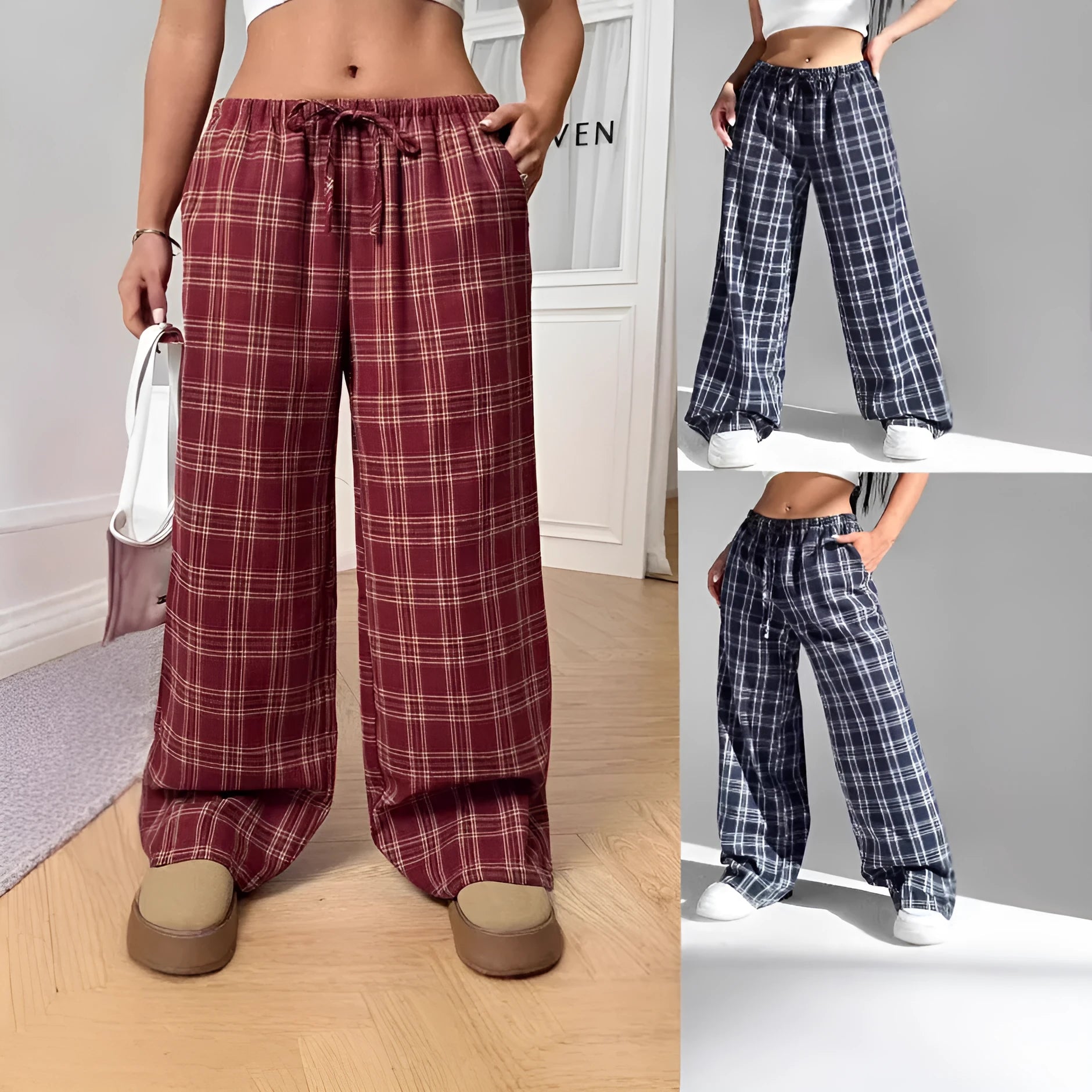 Women's red plaid trousers with drawstring waist and side pockets on mannequin display