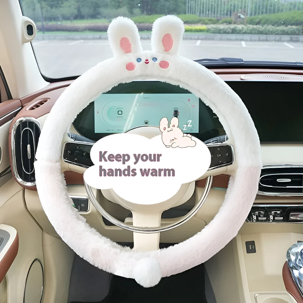 Plush cartoon embroidered steering wheel cover for cars in winter, shown fitting a 38cm wheel.