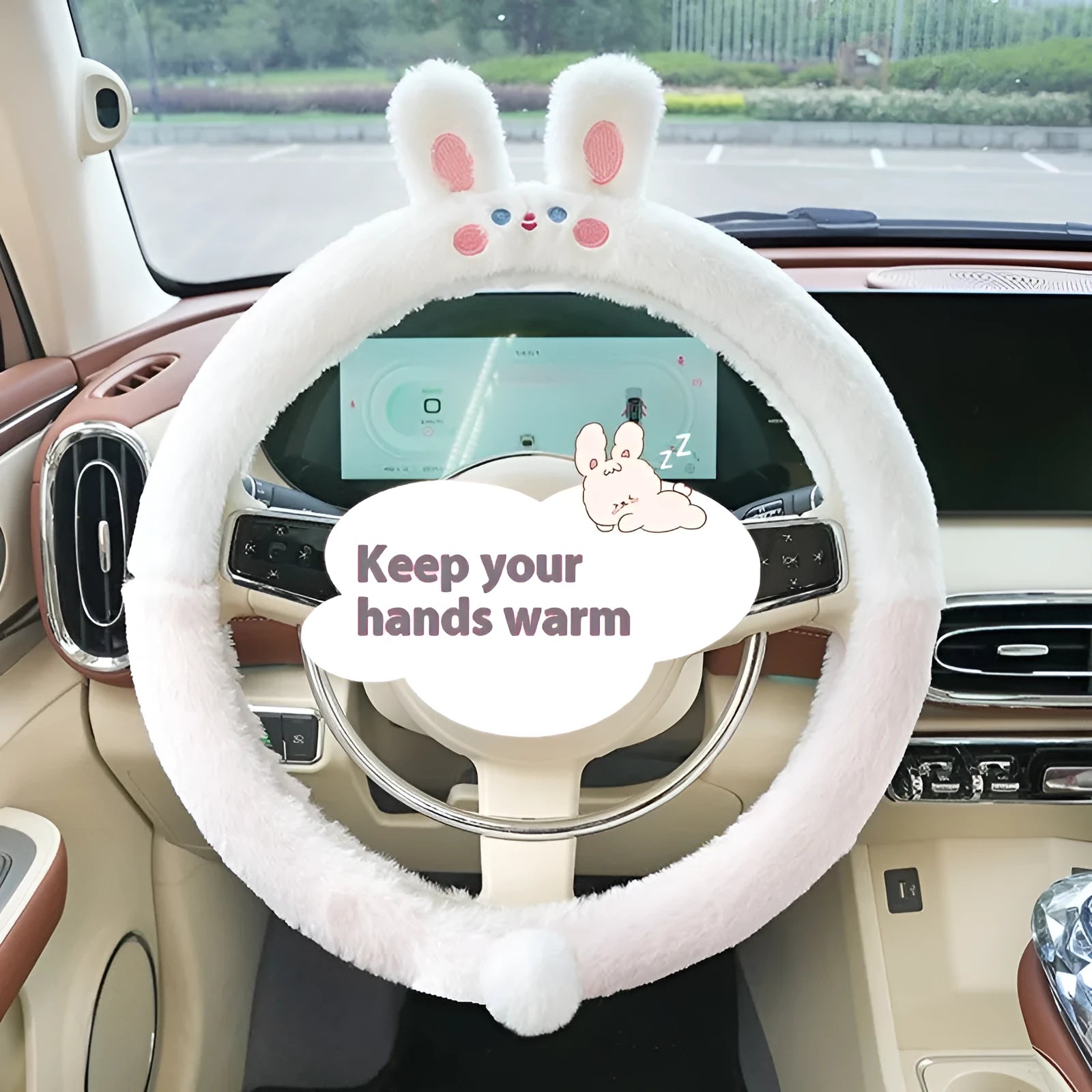 Plush cartoon embroidered steering wheel cover for cars in winter, shown fitting a 38cm wheel.
