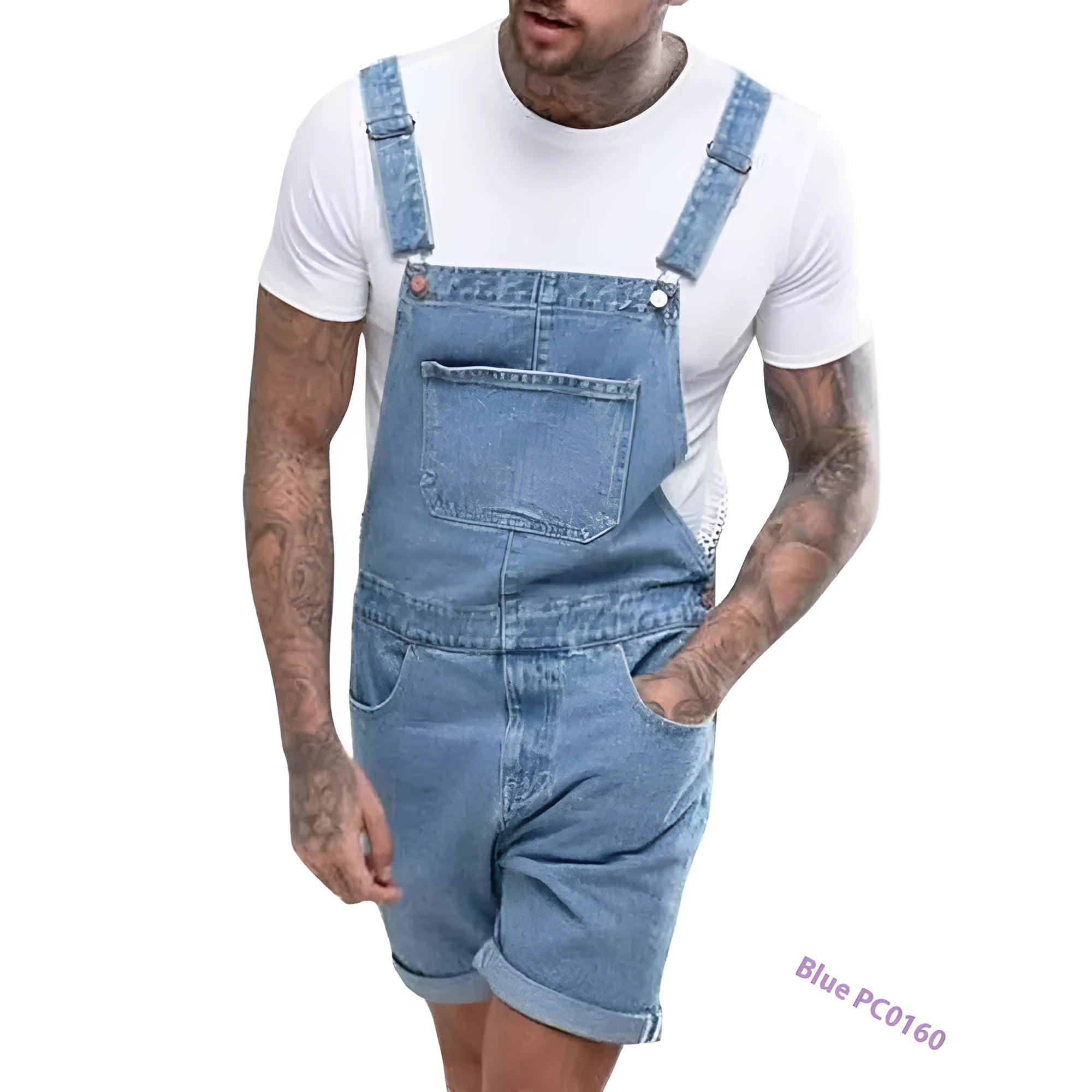 A pair of black denim suspender pants with a mid waist, zipper fly, and straight leg shorts cut on a mannequin.