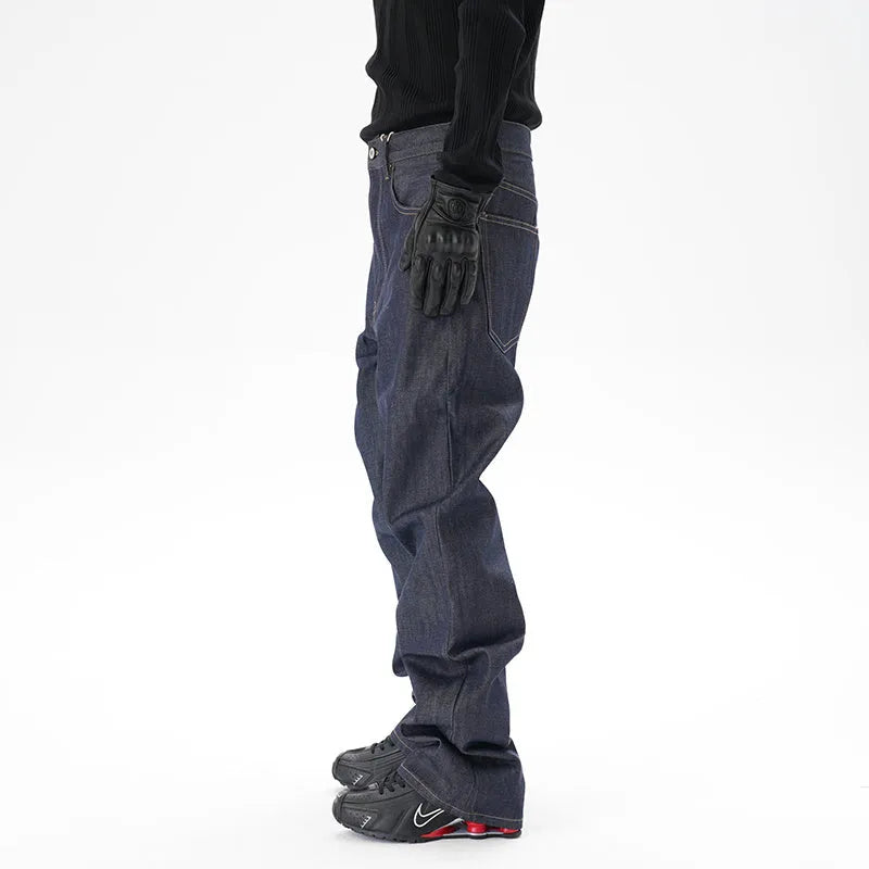 A pair of dark blue casual loose straight-cut jeans on a plain background.